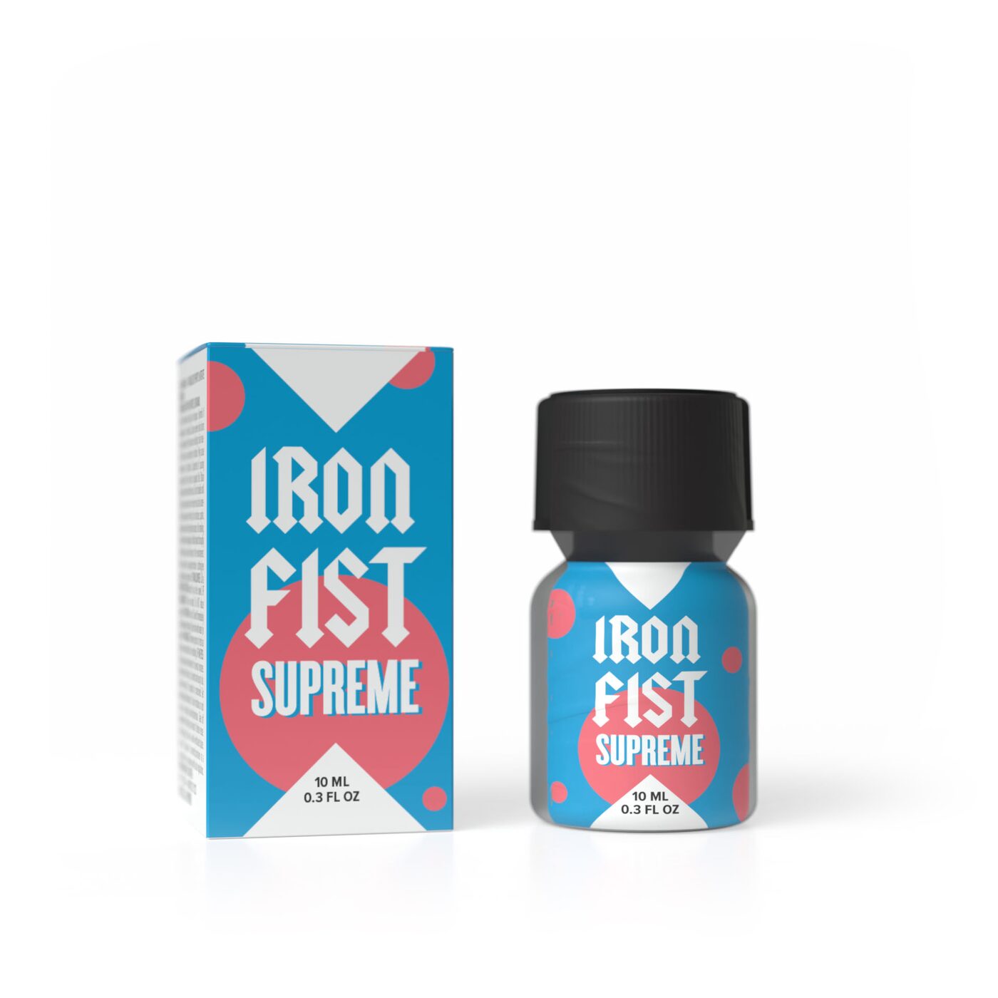 Iron Fist Supreme 10ML, Iron Fist Supreme 24ml, aluminium bottle with cyan and coral label, R&D formula, PWD Factory